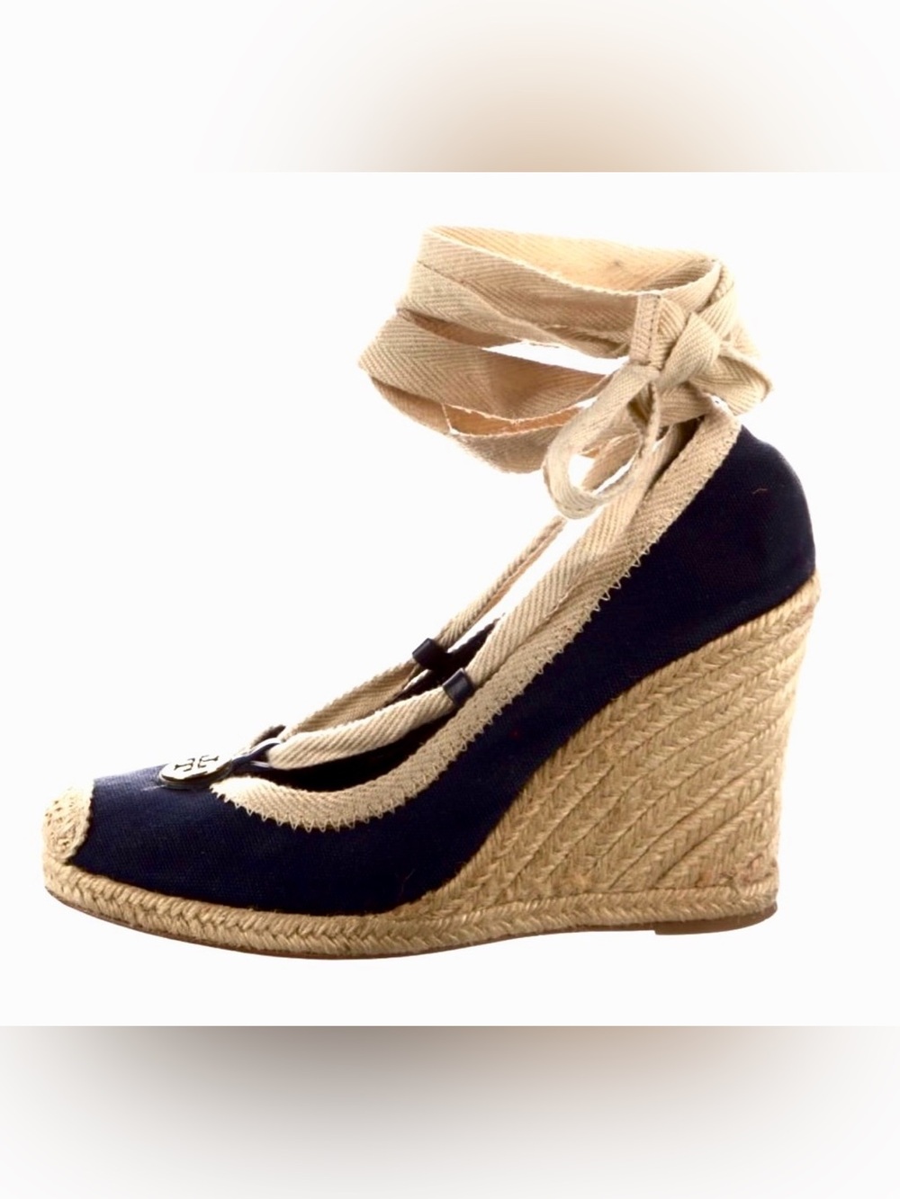 Tory Burch Wedge Espadrille Navy Blue Ankle Tie - Picture 4 of 9
